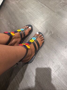 Colorful Beaded Black Leather Strap Sandals